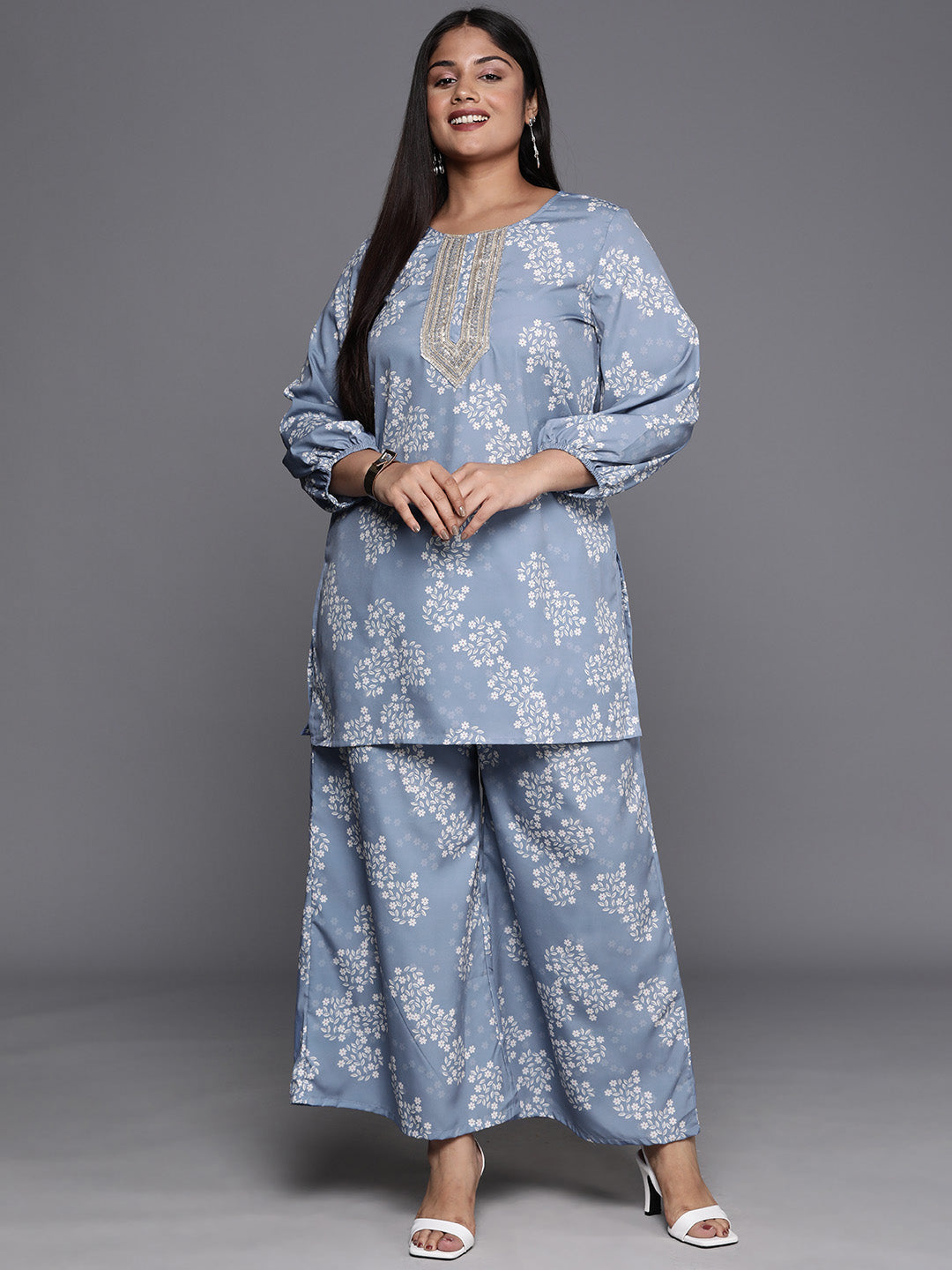 Blue & White Floral Print Plus Size Ethnic Tunic with Palazzos