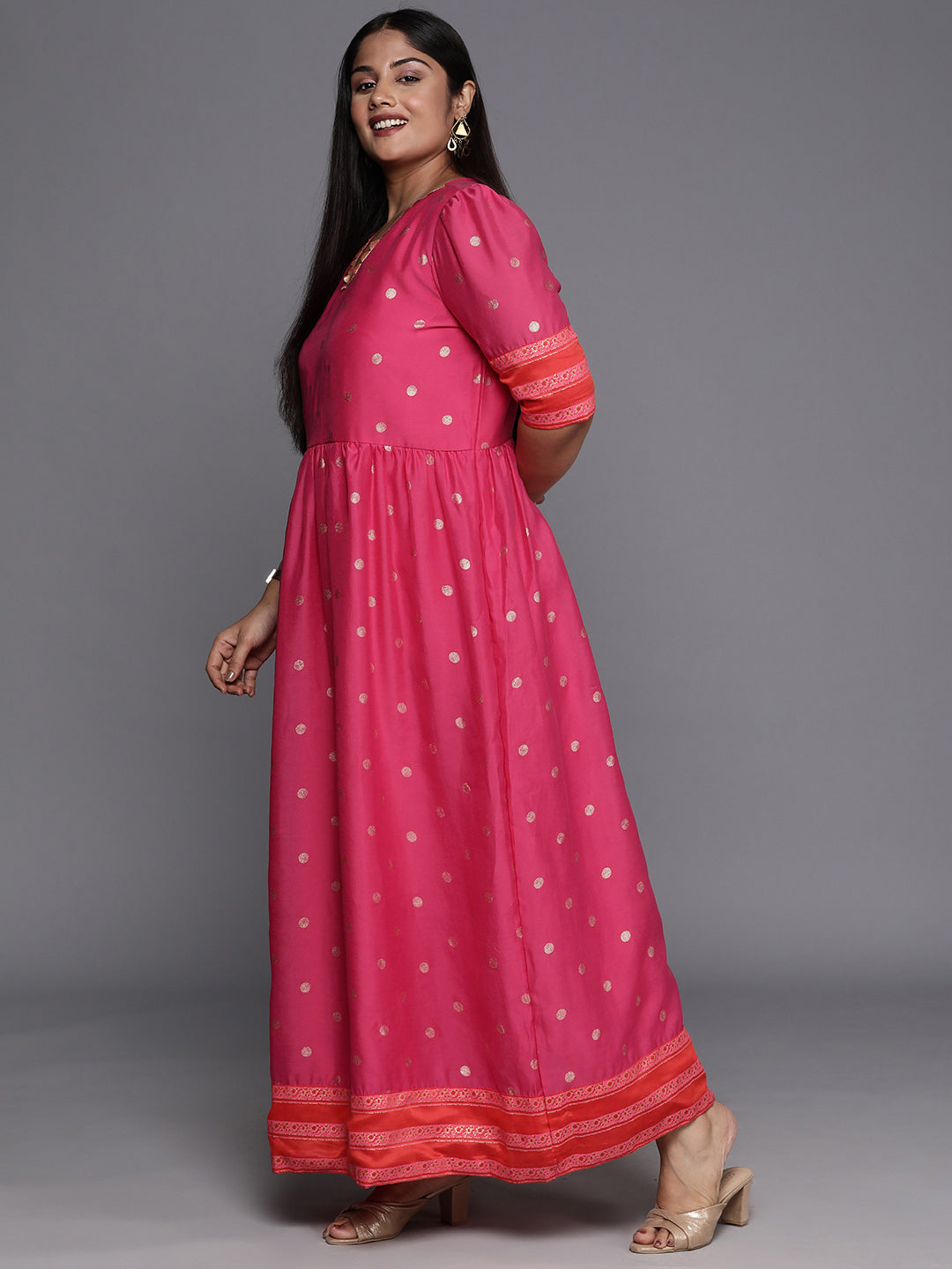 Pink & Gold Polka Dot Printed Plus Size Maxi Ethnic Dress