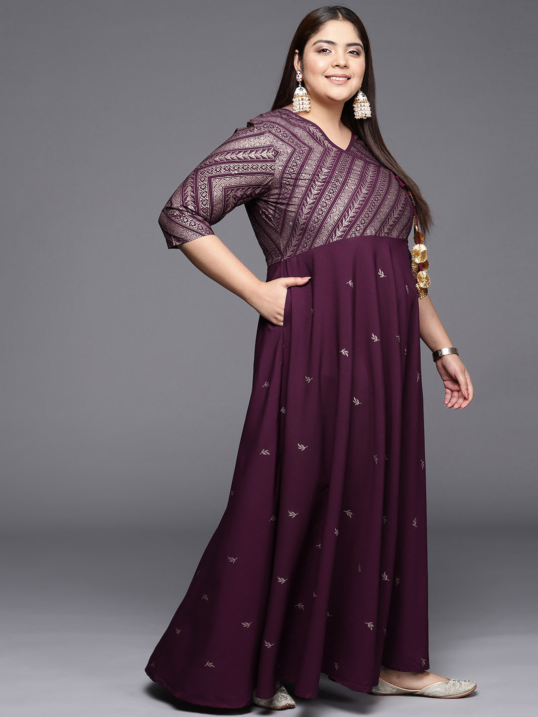 Burgandy & Gold Printed Plus Size Maxi Ethnic Dress