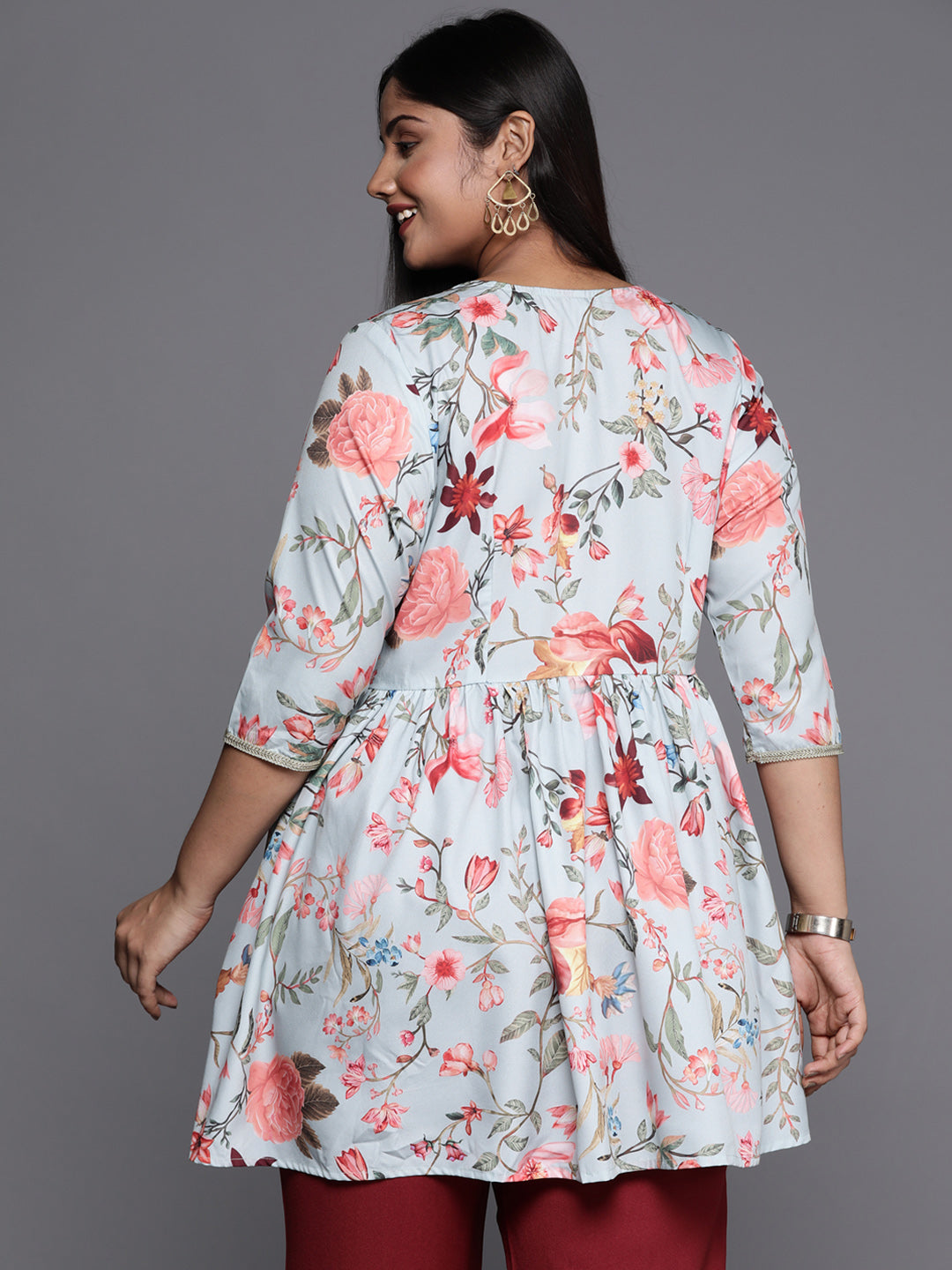 Sea Green & Pink Floral Printed Plus Size Tunic