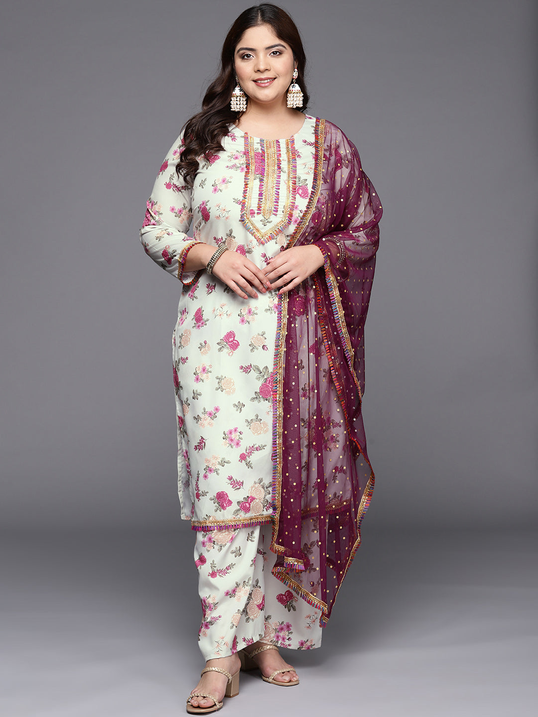 Beige Floral Printed Plus Size Kurta with Palazzos & With Dupatta