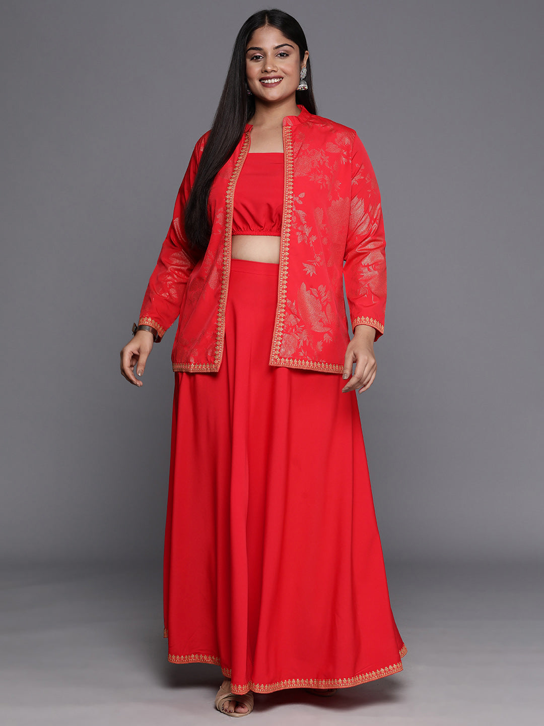 Red Plus Size Ethnic Top & Skirt with Shrug