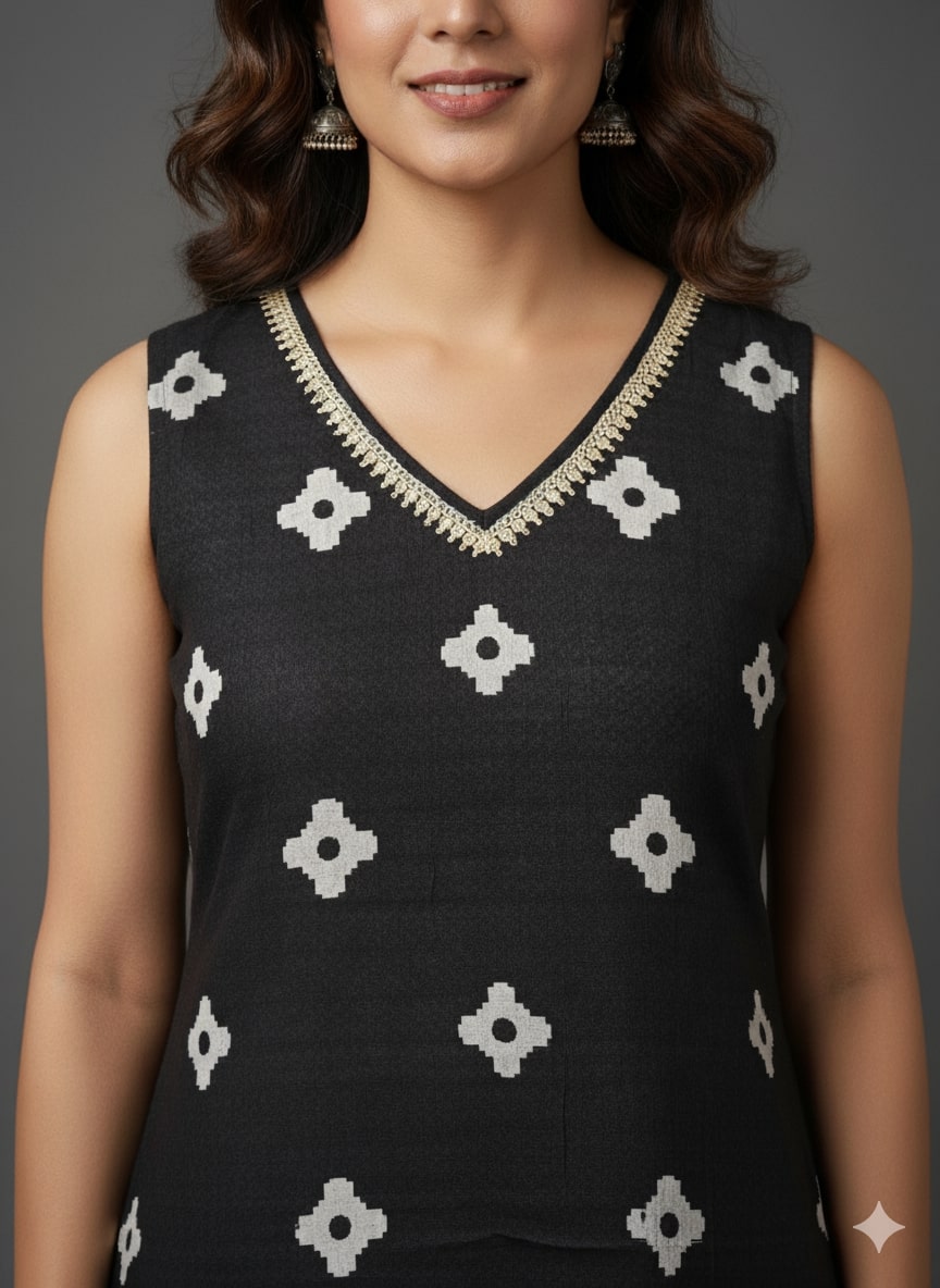 Geometric Printed V-Neck Sleeveless Straight Kurta With Palazzos & Dupatta