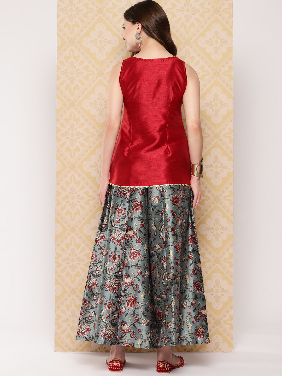 Red & Green Printed Ethnic Embellished Top with Palazzos