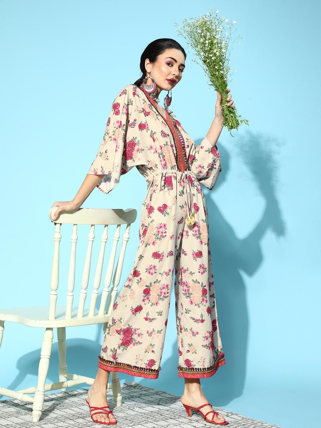 Ahalyaa Women Classy Beige Printed Cinched Waist Jumpsuit