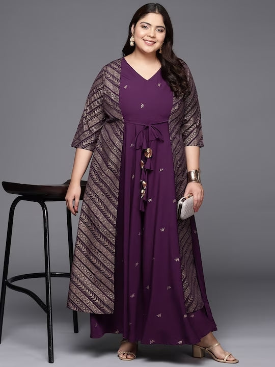 Burgandy & Gold Printed Plus Size Maxi Ethnic Dress