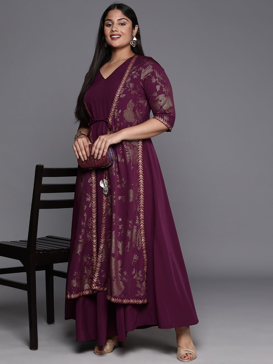 Burgundy & Gold Plus Size Floral Print A-line Maxi Ethnic Dress