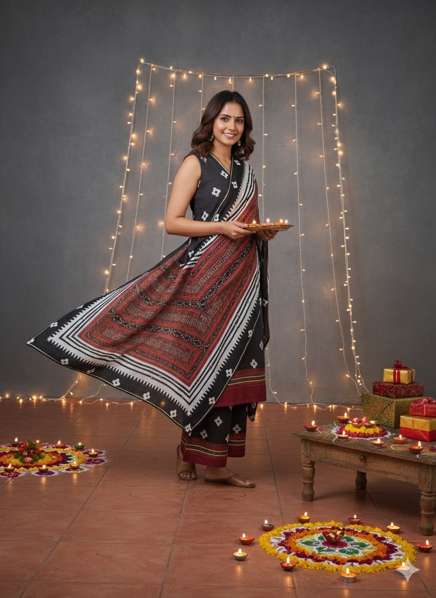 Geometric Printed V-Neck Sleeveless Straight Kurta With Palazzos & Dupatta