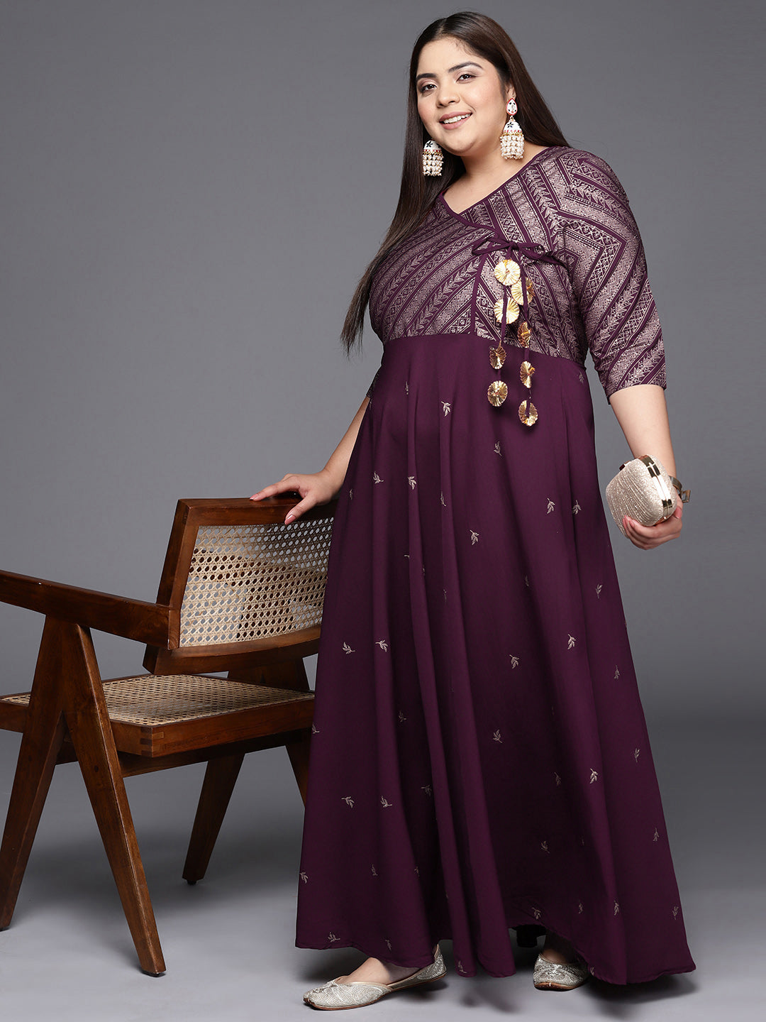 Burgandy & Gold Printed Plus Size Maxi Ethnic Dress