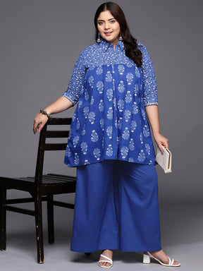 Blue Printed Plus Size Pure Cotton Tunic with Palazzos