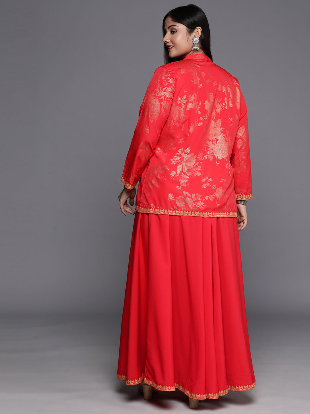 Red Plus Size Ethnic Top & Skirt with Shrug