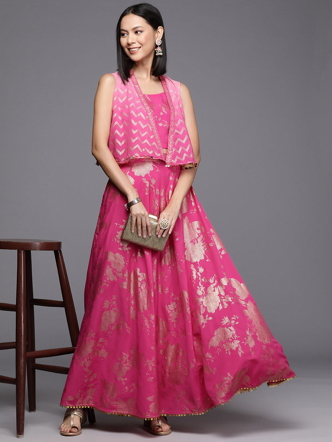 Pink Floral Printed Co-Ords Set with Sequins and Lace Detail