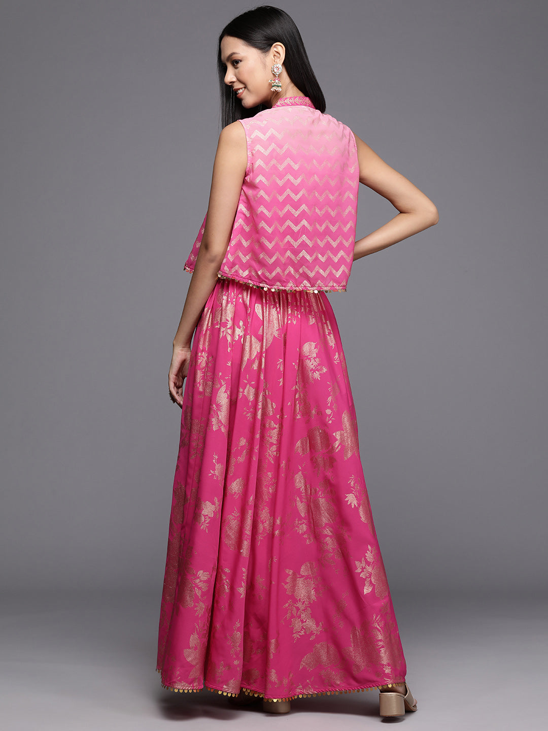 Pink Floral Printed Co-Ords Set with Sequins and Lace Detail