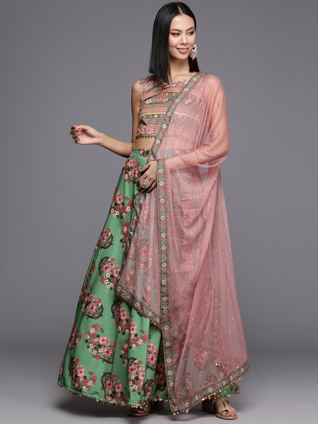 Green Floral Printed Ready to Wear Lehenga & Blouse With Dupatta