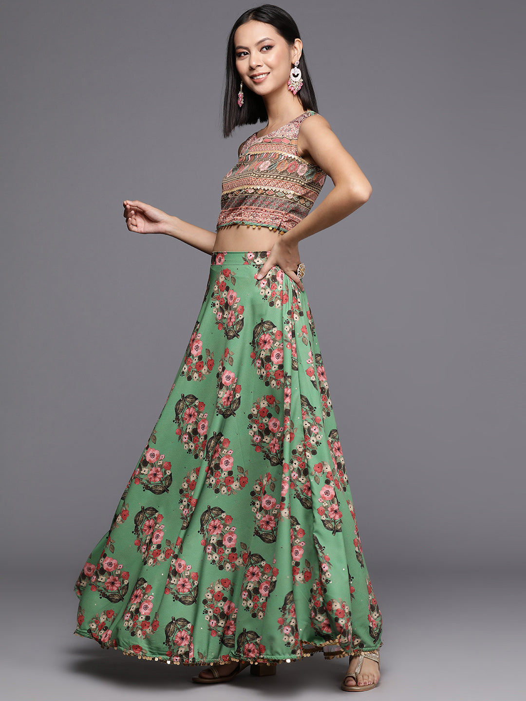 Green Floral Printed Ready to Wear Lehenga & Blouse With Dupatta