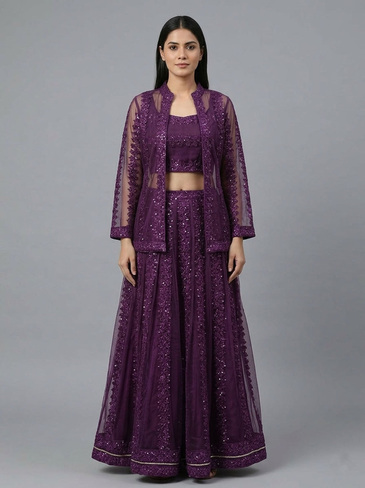 Embellished Top with Skirt & Jacket