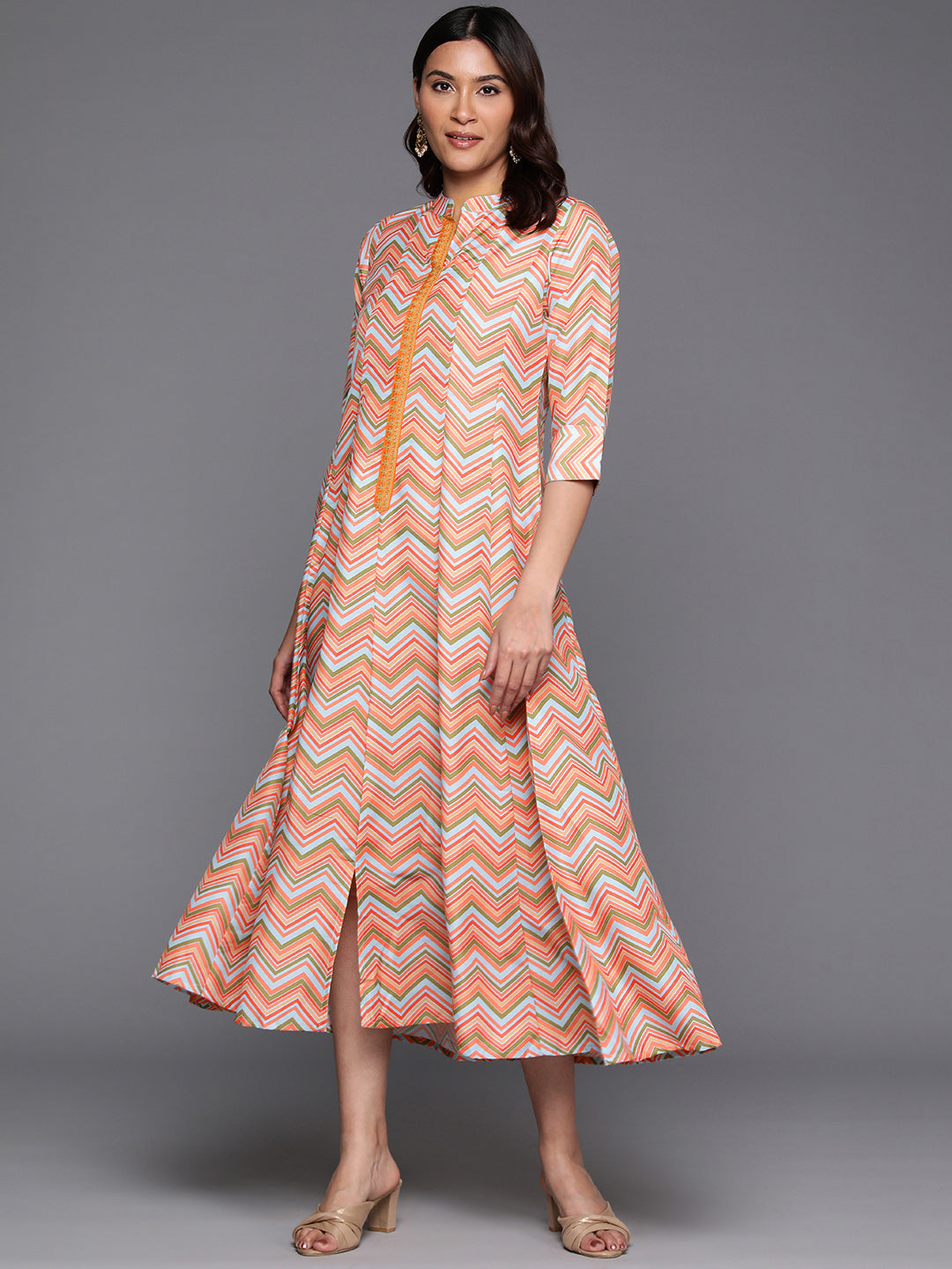 Women Chevron Printed A-line Midi Dress