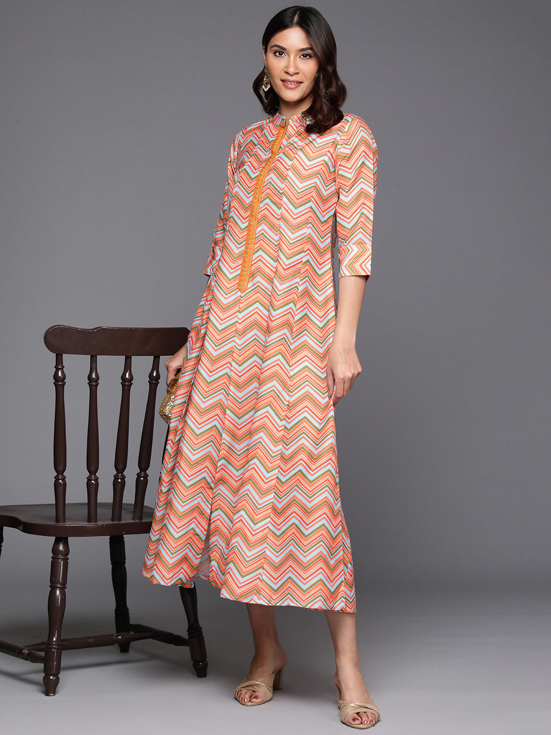 Women Chevron Printed A-line Midi Dress