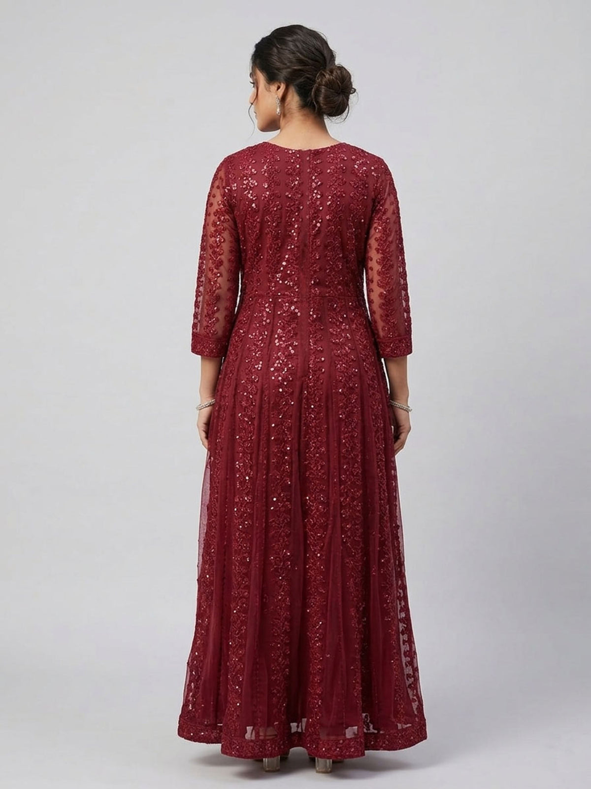 Elegant Burgundy Embroidered Floor-Length Ethnic Dress