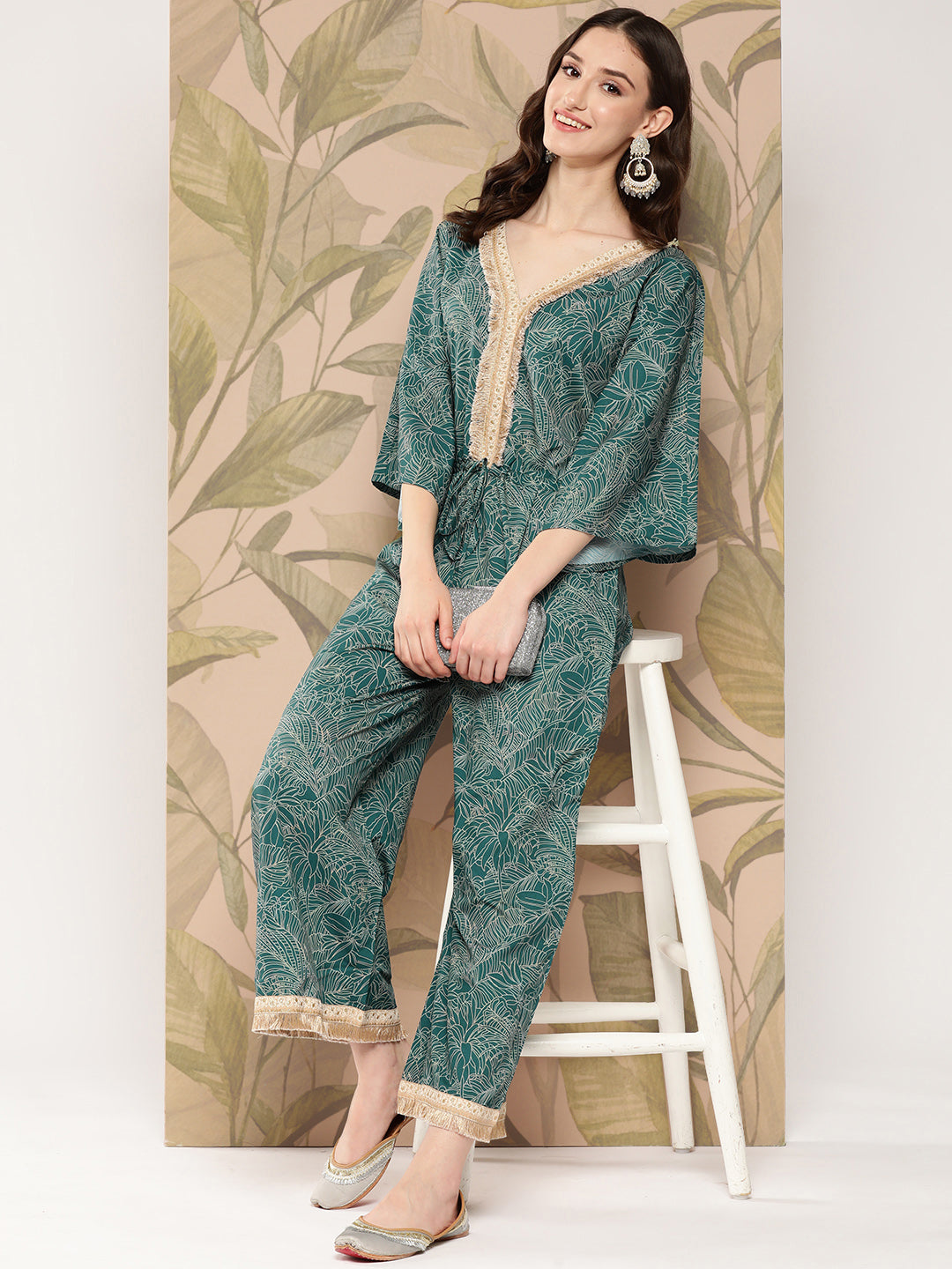 Green Printed Jumpsuit with Lace Inserts