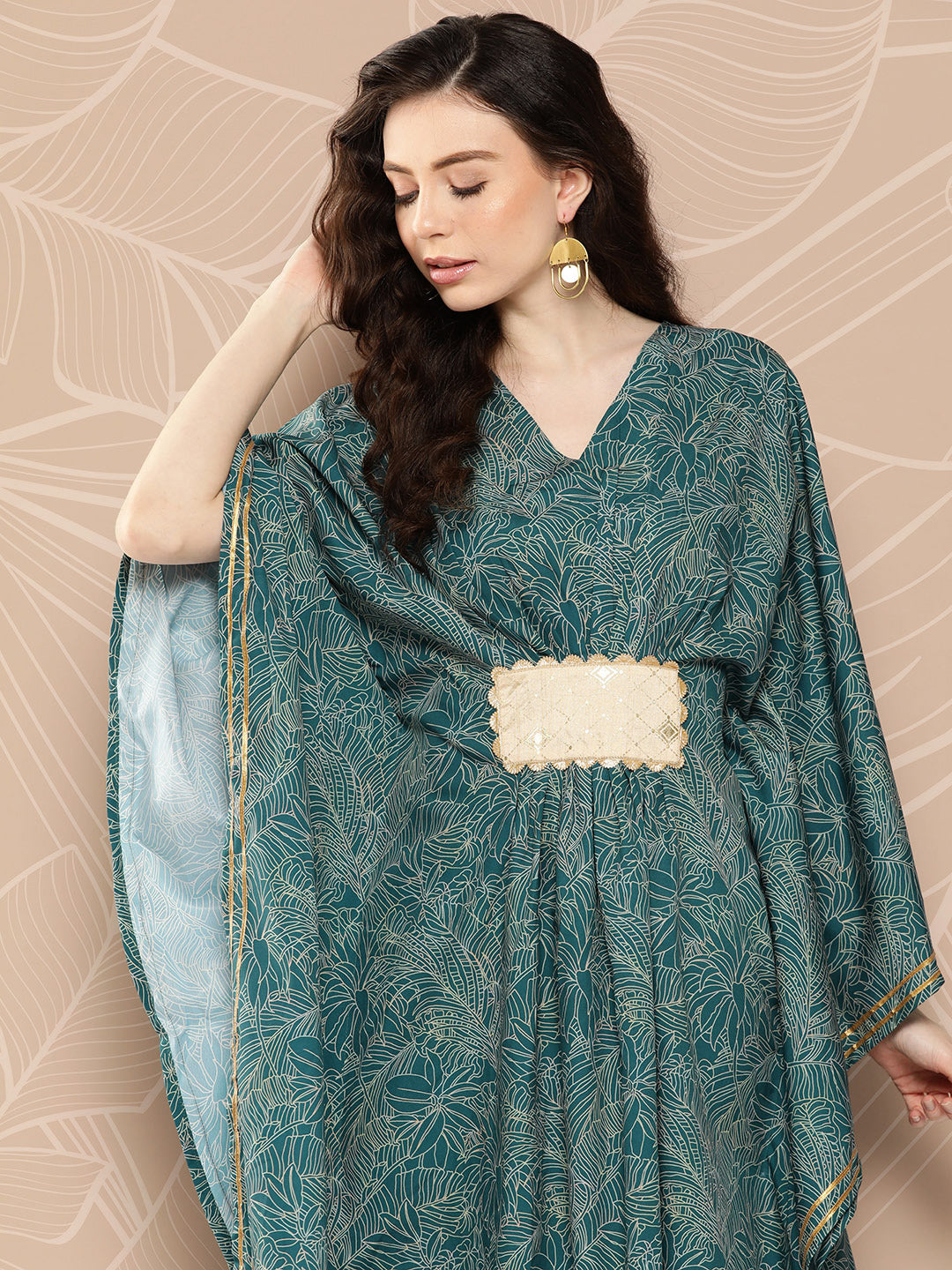 Ahalyaa Women Floral Printed Flared Sleeves Patchwork Belted Detail Crepe Kaftan Kurta