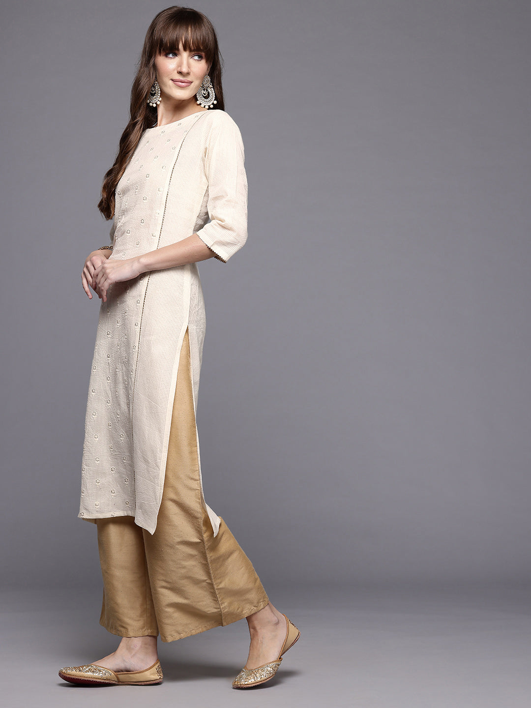 Women Embroidered Sequinned Pure Cotton Kurta