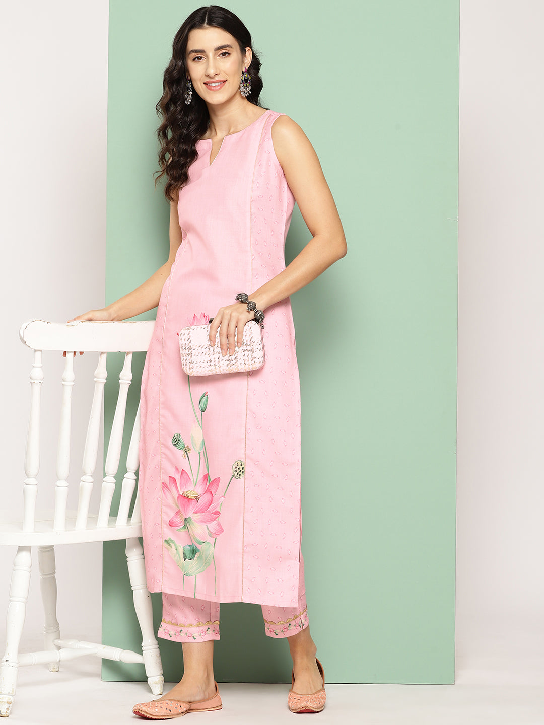 Pink Floral Printed Panelled Gotta Patti Pure Cotton Kurta with Trousers