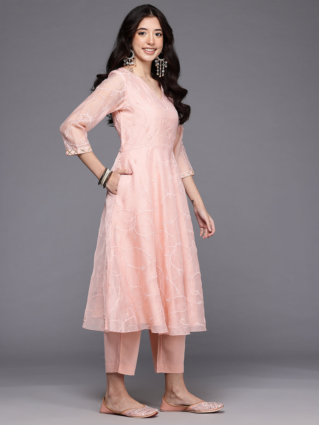 Floral Printed Pleated Thread Work Kurta With Trousers & Dupatta