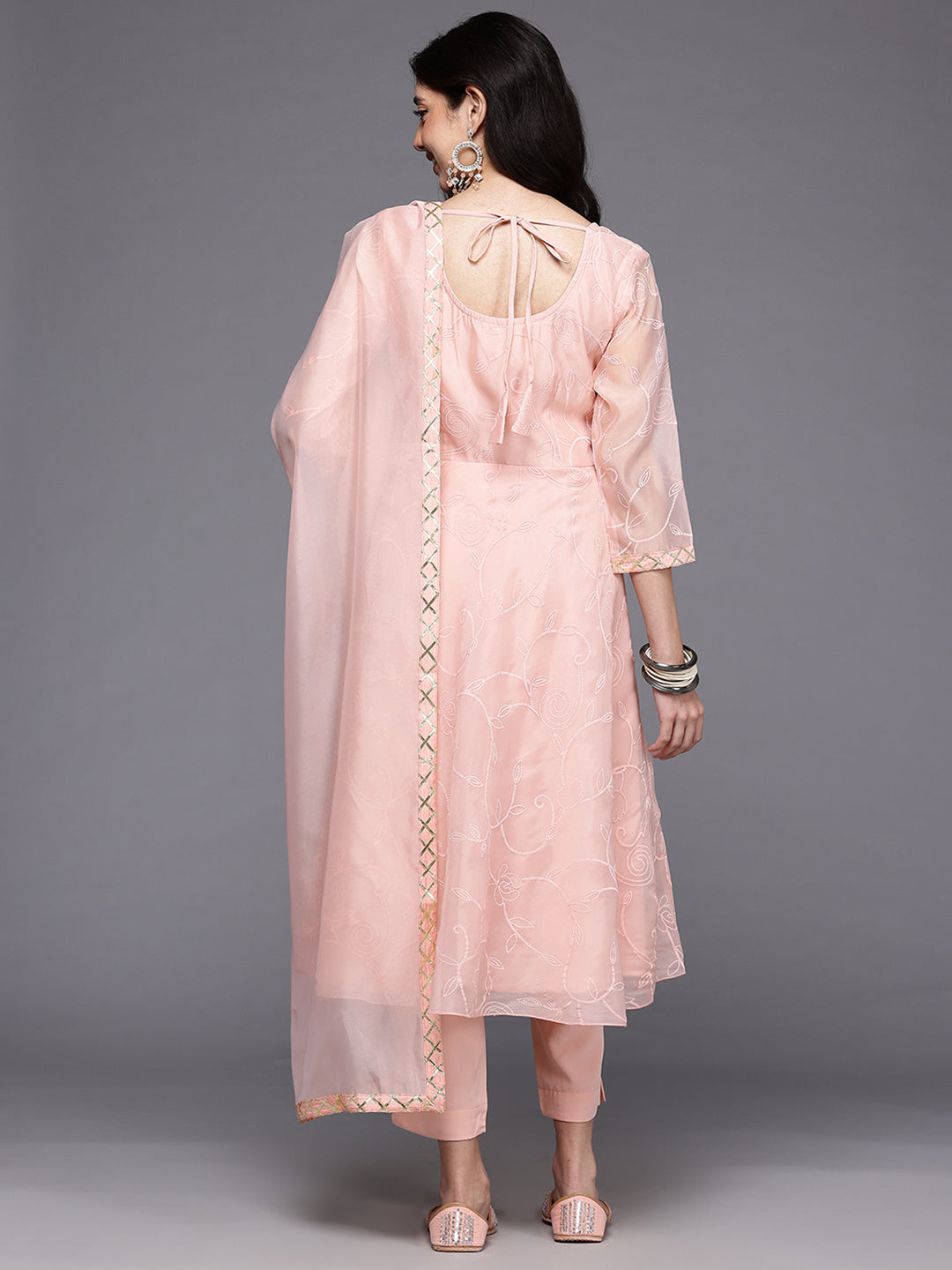Floral Printed Pleated Thread Work Kurta With Trousers & Dupatta