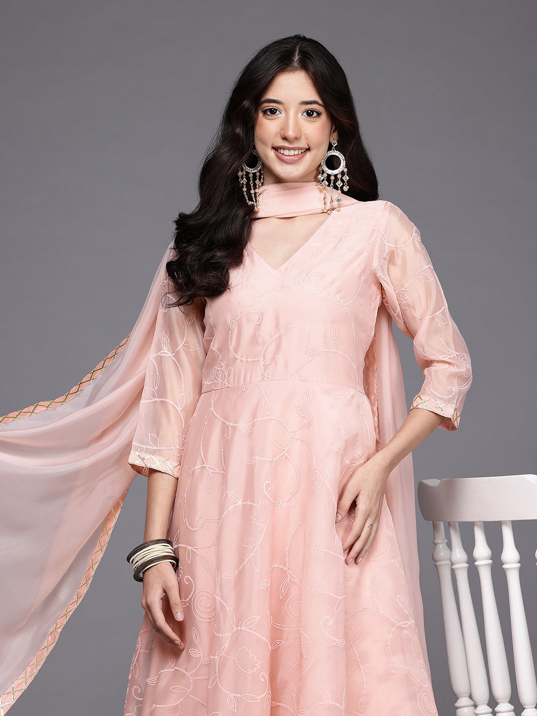 Floral Printed Pleated Thread Work Kurta With Trousers & Dupatta