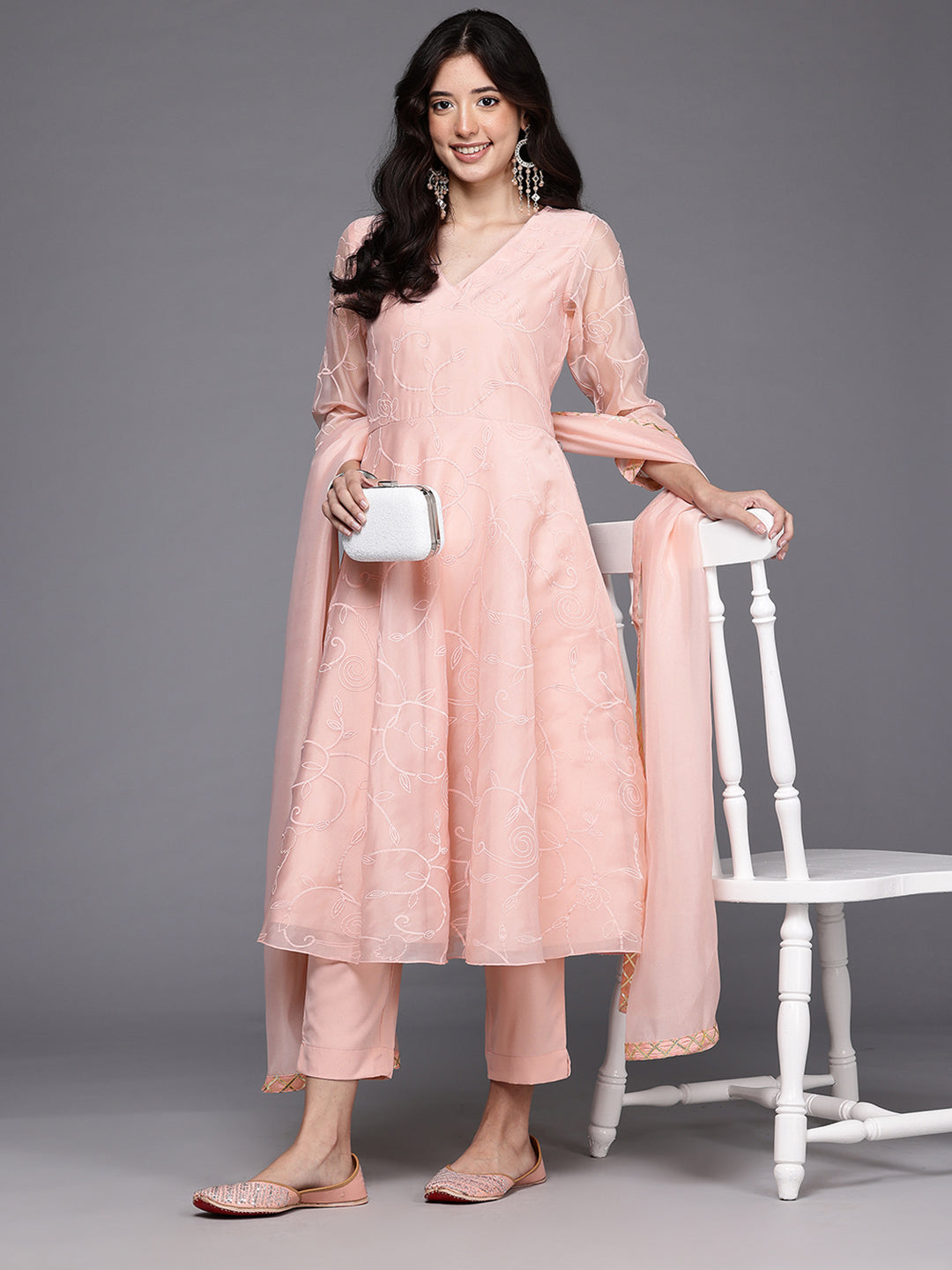 Floral Printed Pleated Thread Work Kurta With Trousers & Dupatta