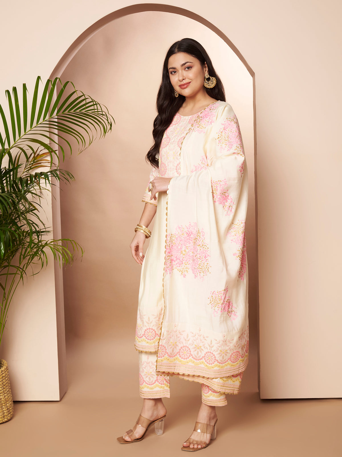 Women Ethnic Motifs Printed Regular Thread Work Kurta with Trousers & With Dupatta