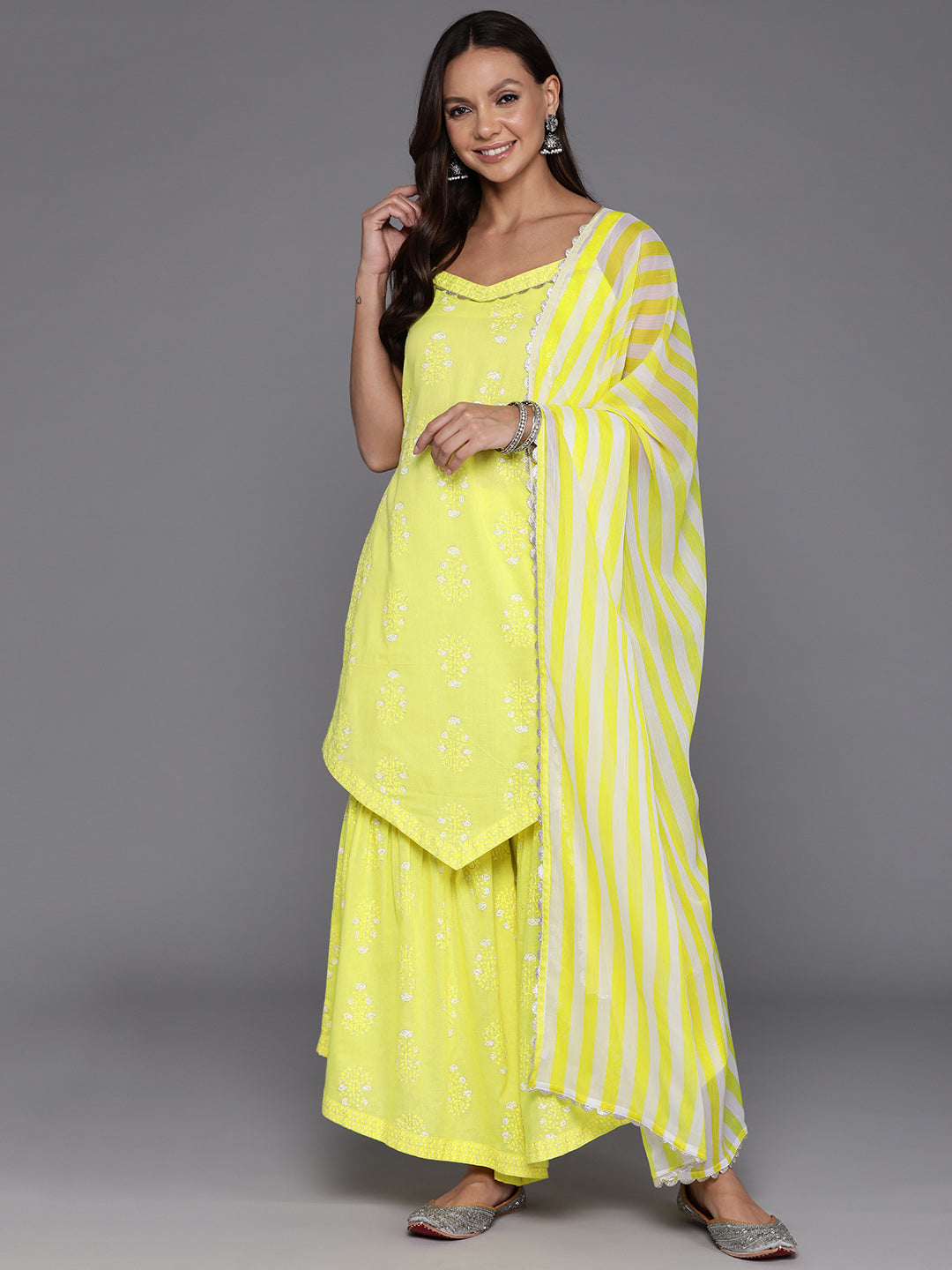 Women Floral Printed Gotta Patti Pure Cotton Kurta with Sharara & With Dupatta