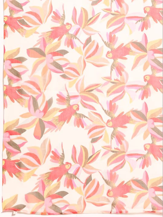 White & Red Floral Print Poly Chiffon Fabric