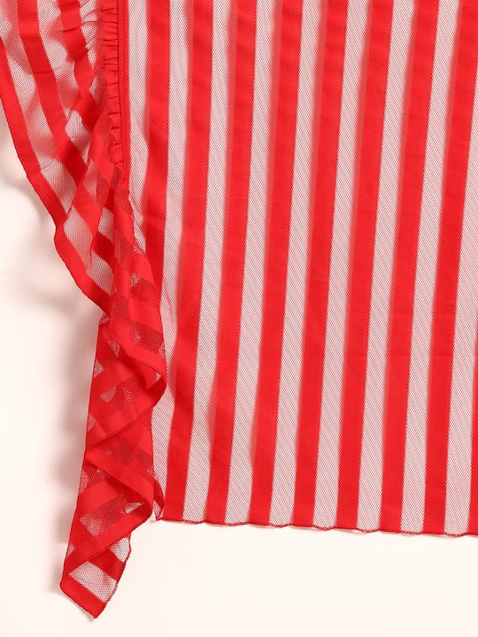 Red Self-Striped Ruffled Printed Fabric