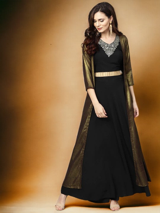 Ahalyaa Black, Golden Straight Crepe, Georgette Kurta Sets Ahalyaa Black, Golden Straight Crepe, Georgette Kurta Sets