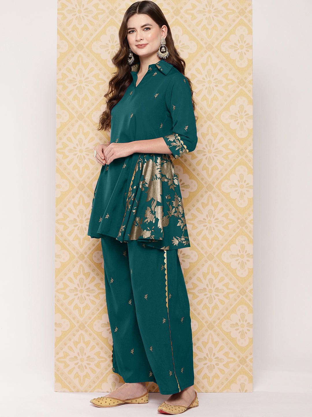 Floral Woven Design Shirt Collar Tunic With Palazzo