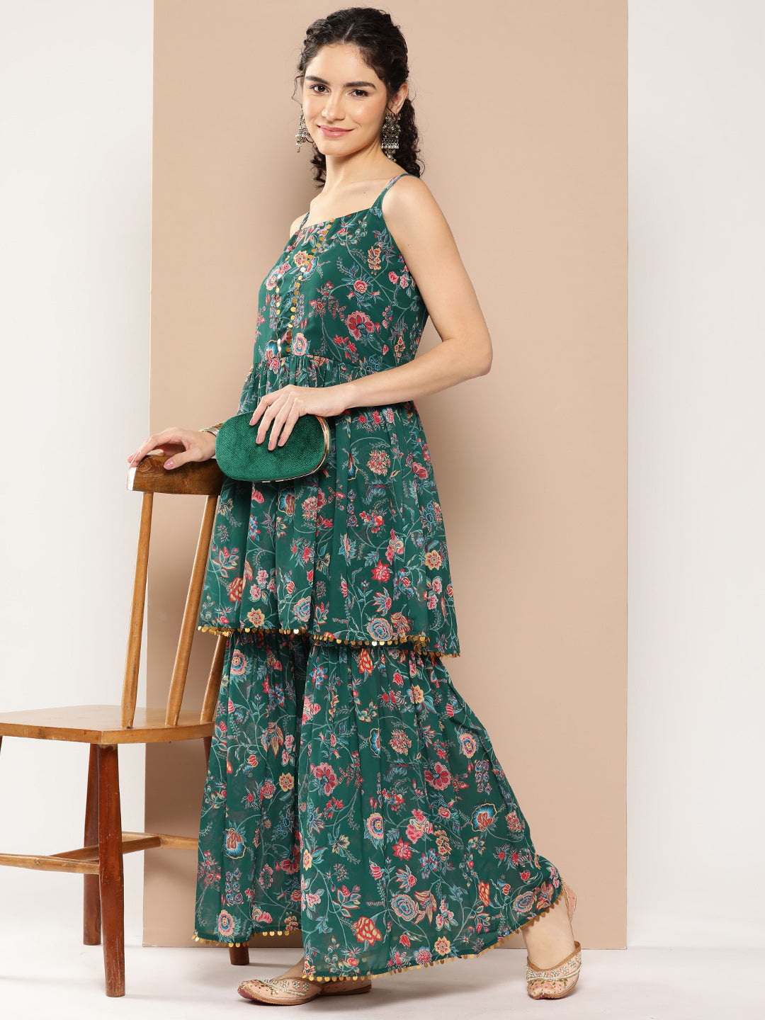 Women's Green Floral Printed Pleated Sequinned Sharara Set Women's Green Floral Printed Pleated Sequinned Sharara Set