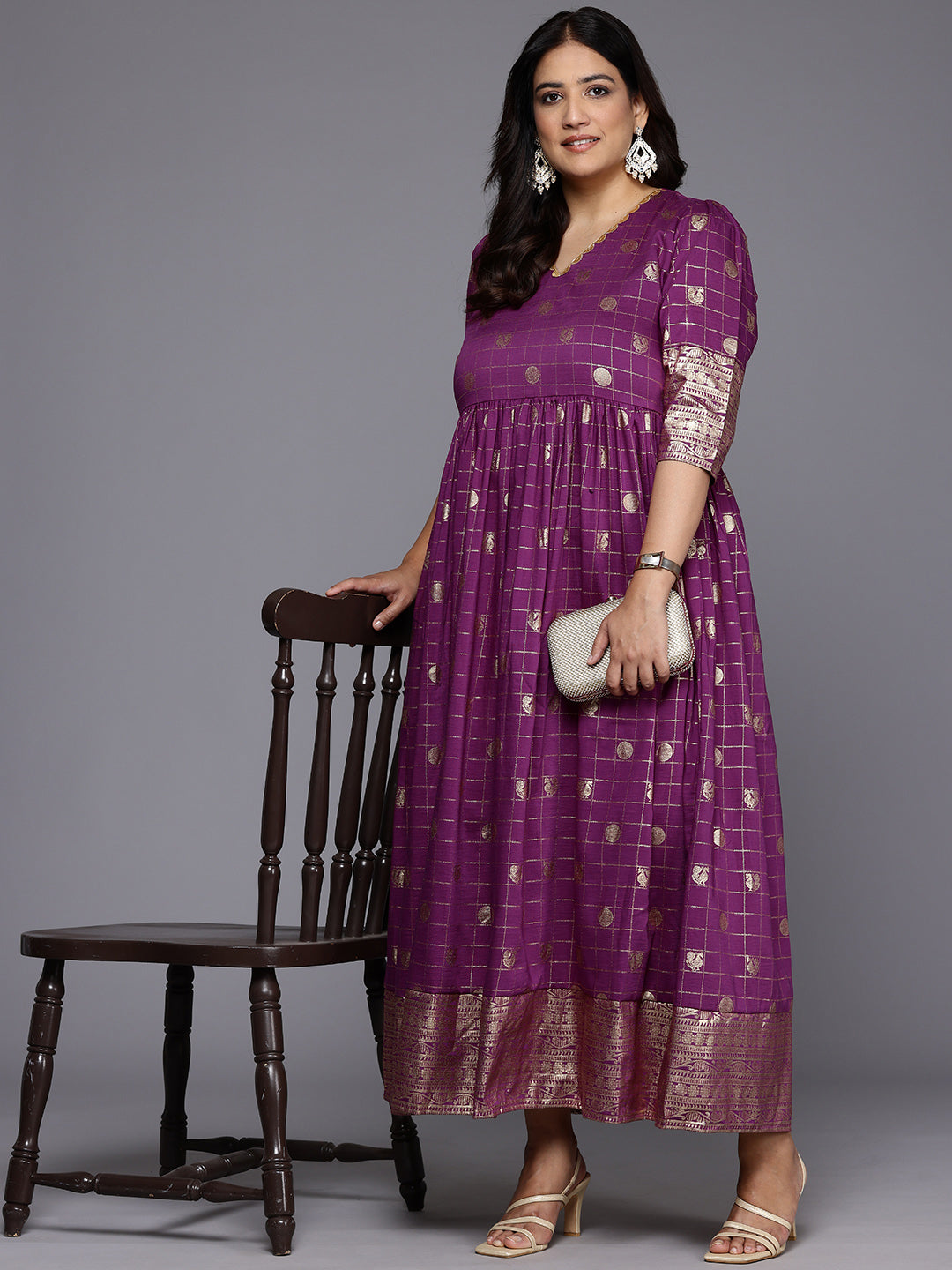 fitted lace wedding dress Purple Floral Embroidered V-Neck Georgette Maxi Ethnic Motifs Dress  Inddus.in main image 0