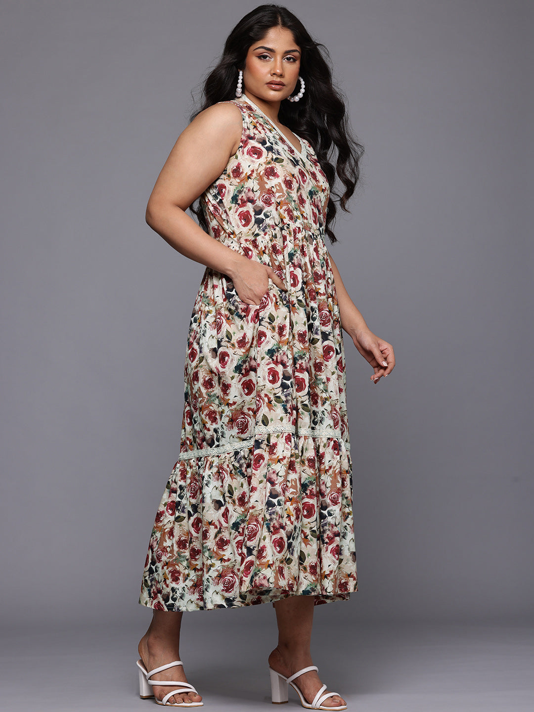 A PLUS BY AHALYAA Plus Size Floral Printed Pure Cotton Midi Fit & Flare Ethnic Dress