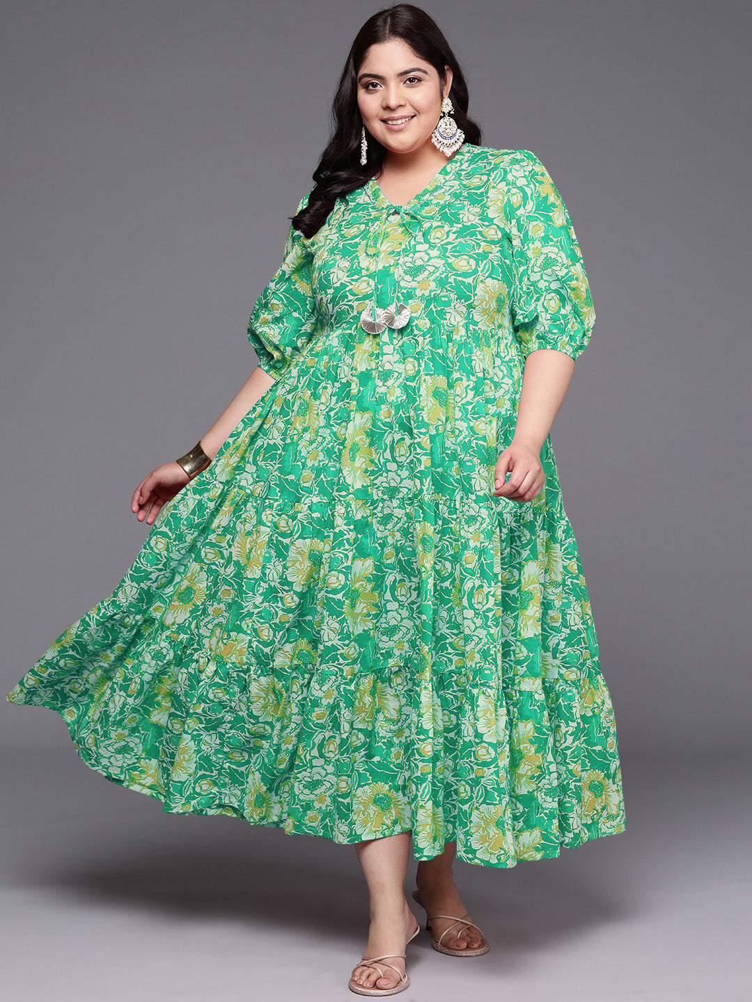 Printed 100% Cotton Layered Maxi Ethnic Dress