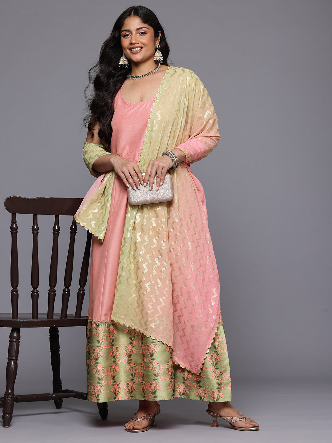 A PLUS BY AHALYAA Plus Size Floral Printed Maxi Ethnic Gown with Dupat