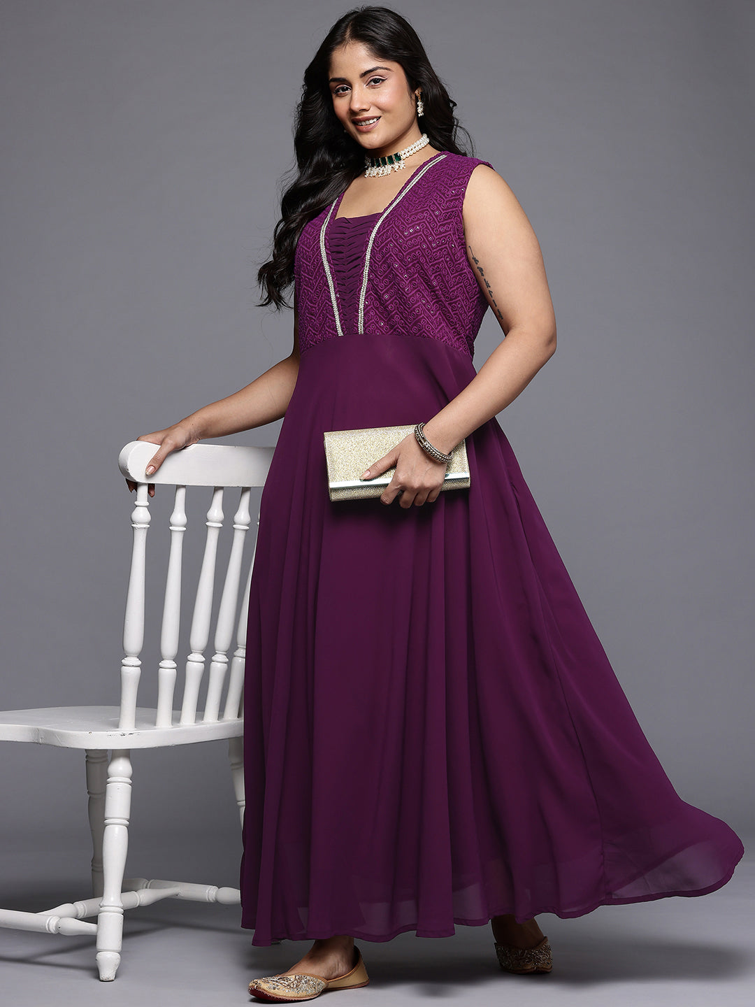 A PLUS BY AHALYAA Yoke Design V-Neck Lace Inserts A-Line Maxi Dress