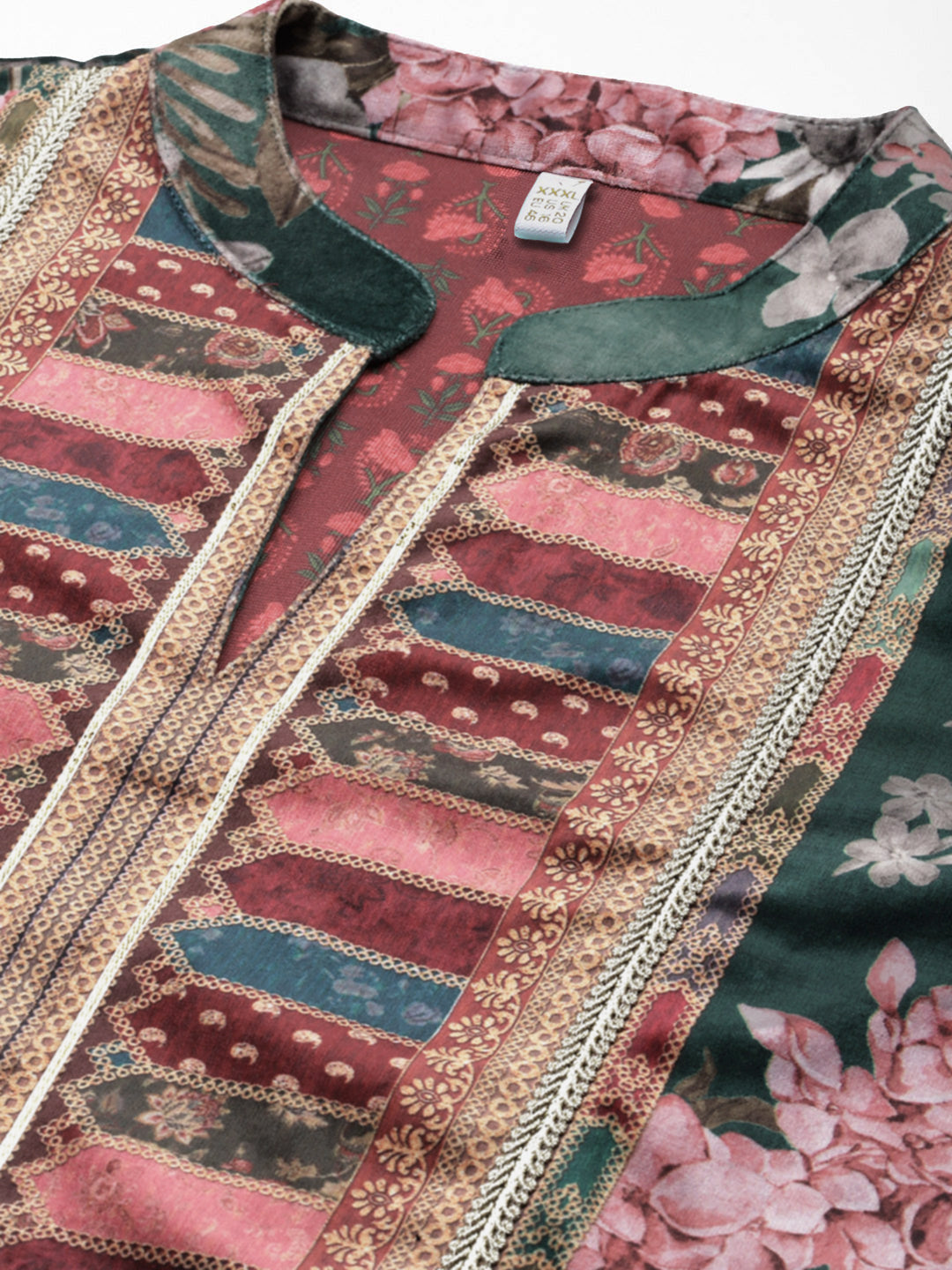Floral Printed Mandarin Collar Sequinned Silk Kurta