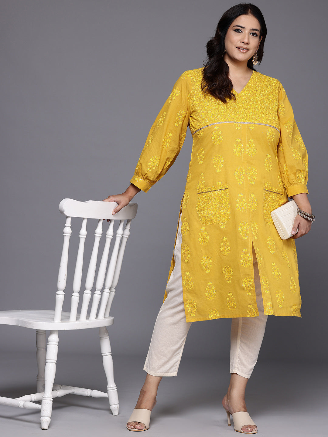 Blue Floral Print Plus Size kurta In Band Collar main image 0