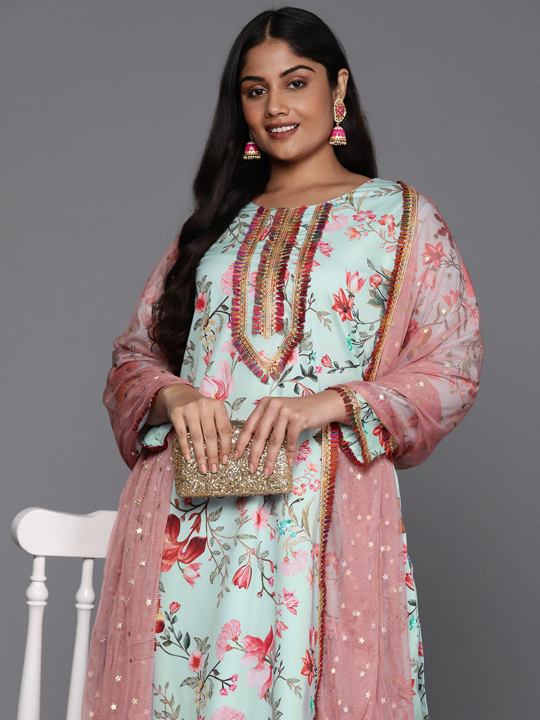 Plus Size Women Cream Printed Straight Kurta With Palazo & Dupatta