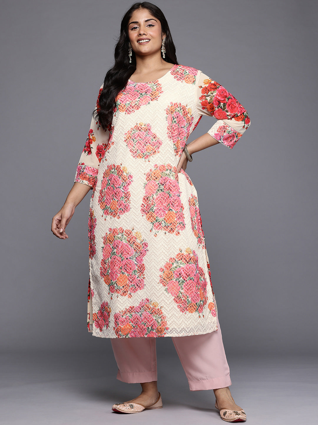 Plus Size Floral Embroidered Thread Work Regular Georgette Kurta