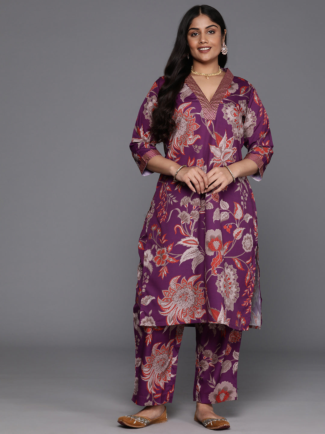 Blue Floral Print Plus Size kurta In Band Collar