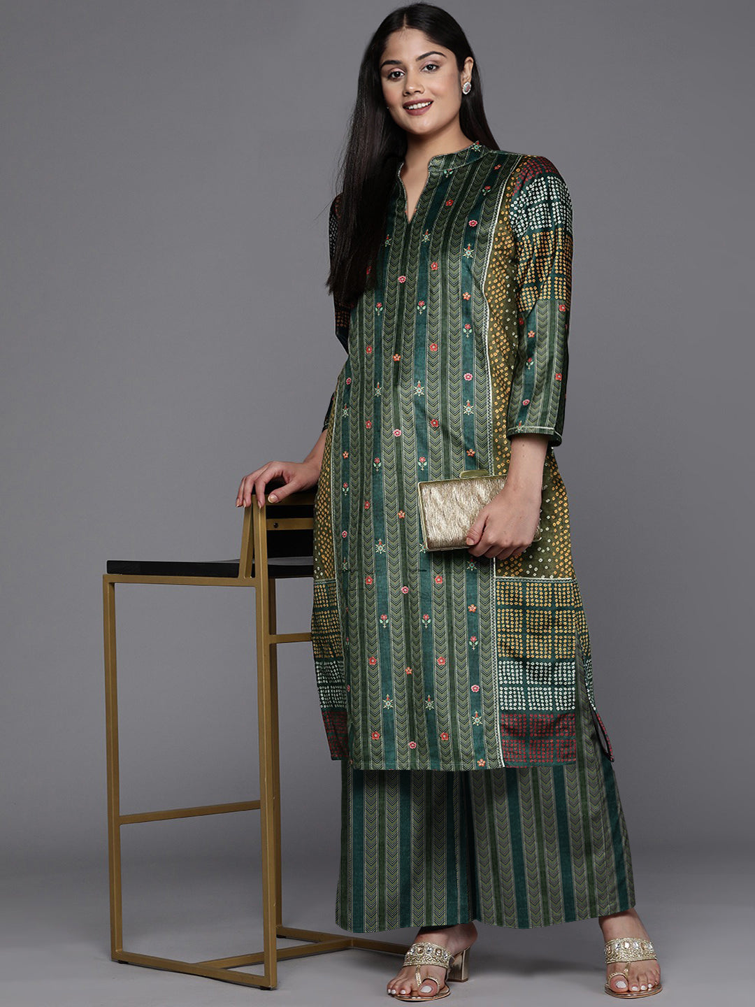 A PLUS BY AHALYAA Women Printed Regular Gotta Patti Velvet Kurta with Palazzos