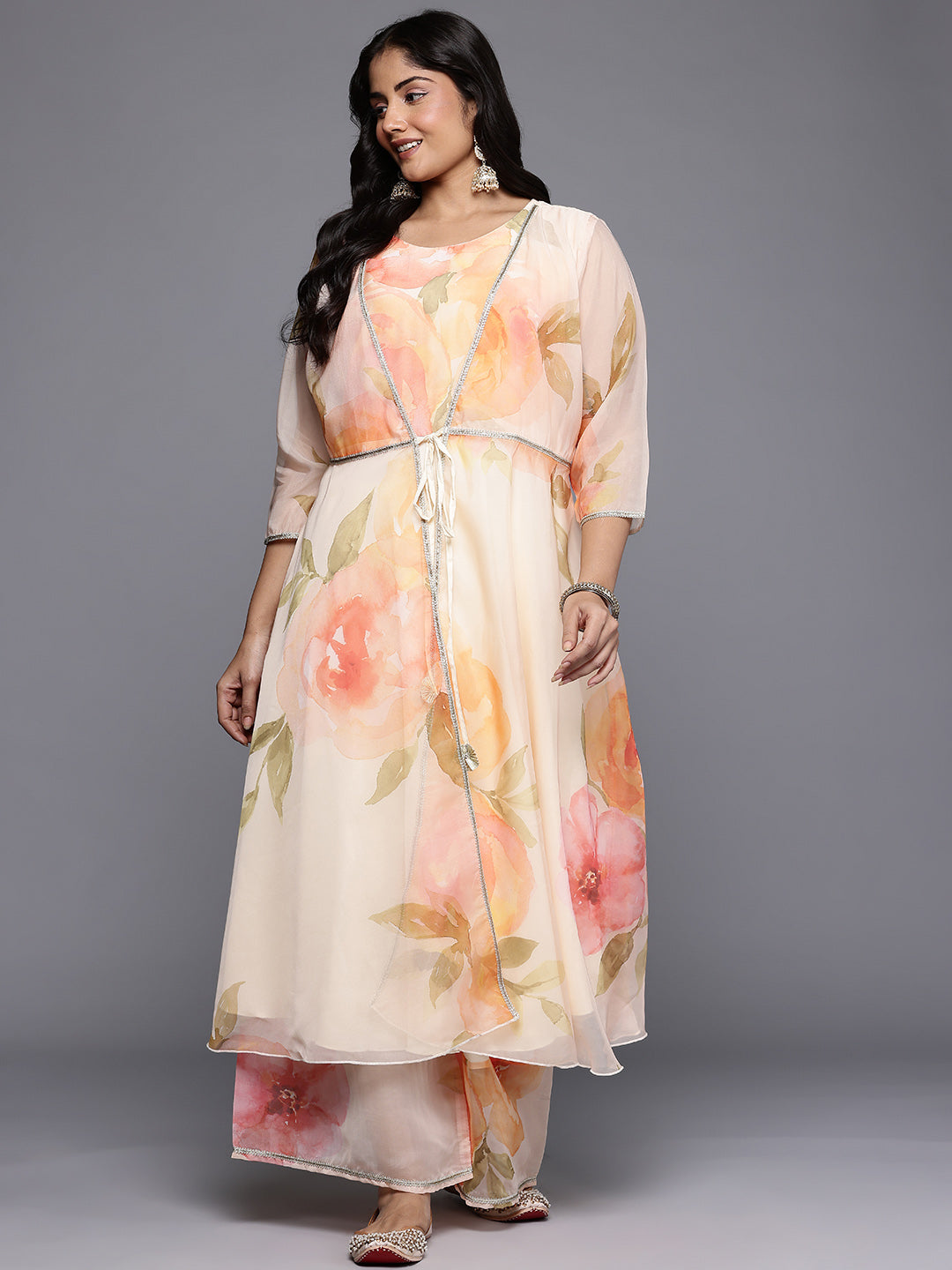Plus Size Floral Printed Zari Detail Anarkali Kurta with Palazzos